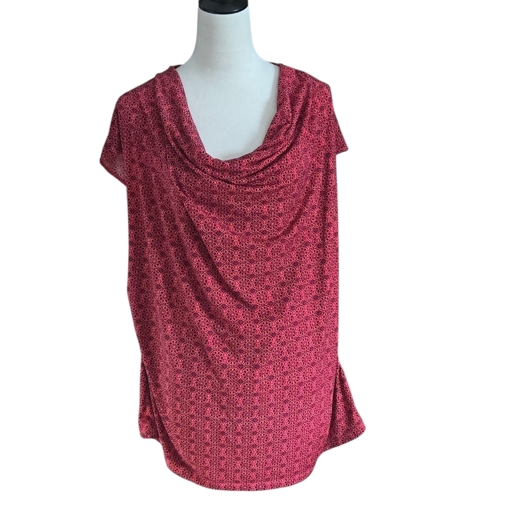 Worthington Woman 3X Cowl Neck Top Blood-Orange Red with Black Geometric Pattern